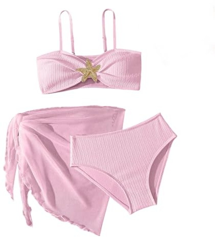 Bañador de 3 piezas para niña con manga larga Rashguard Rock Bikini para playa, piscina, protección solar, cómodo, ideal para jugar al agua, Rosa., 8-9 años