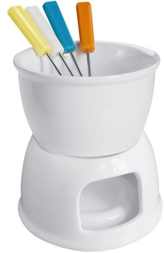 Lawei Fondue Set with 4 Color Forks, Premium Tea Light Porcelain Melting Pot for Cheese, Chocolate and Tapas - White