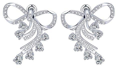 Onefeart mit Platin überzogen Ohrstecker Für Frauen Mädchen Runden Cubic Zirconia Süß Stil Bow-Knot Design Ohrringe 21X26MM Weißes Gold