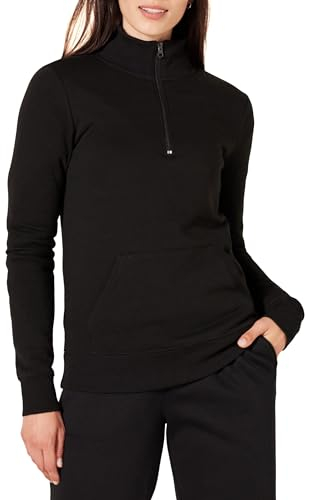 Amazon Essentials Damen Langarm-Oberteil aus Fleece mit Viertelreißverschluss (in Übergröße erhältlich), Schwarz, M