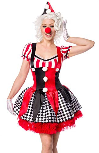 Damen Clown Outfit Kostüm Verkleidung mit Kleid, Hut, Petticoat, Nase und Fliege in bunt Joker S-L