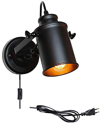 FREEDL Vintage Wandleuchte Industrial Mit Schalter Und Stecker, Retro Wandlampe Innen Schwarz Mit 1,8 M Kabel, Antik Schlafzimmer Wandbeleuchtung E27 with Einstellbar Leuchtenkopf, Runde Metallbasis