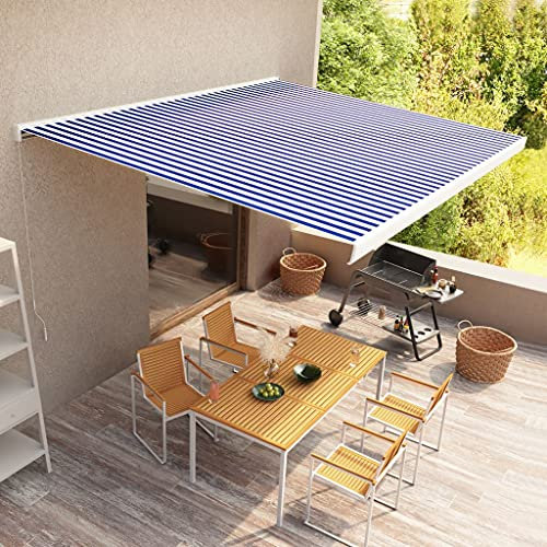 Terrasse Balkon,Handbetrieben Außenmarkise,Manuelle Kassetten-Markise 500x300 cm Blau und Weiß