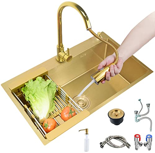 Kücheninstallation Küchen Quadratische Edelstahlspüle Goldenes Waschbecken Küche Geschirrspülen, Gemüsespüle Kleine Wohnung Einzeltank im Badezimmer Mit Wasserhahn Küchenspülen, Gold, 53*43cm