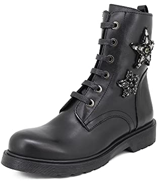 QUEEN HELENA Stivali Anfibi di Pelle Stivaletti con Lacci Plateau Casual Comodi Invernali Donna IFL20-2360 (Nero, Numeric_38)