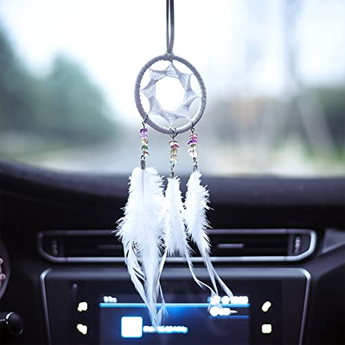 Kleine Traumfänger Handgefertigt, Feder Dreamcatcher mit Perlen Dream Catchers Auto Innen Rückspiegel Deko Ornament Handgemachte für Ornamente Home Wandbehang Dekoration Geschenk (Weiß)