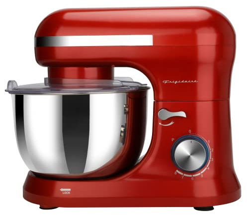 FRIGIDAIRE ESTM020-RED Batidora eléctrica retro con soporte, 4.75 cuartos de galón/4.5L, 8 velocidades con batidor, gancho para masa, accesorios para batidor plano, protector contra salpicaduras