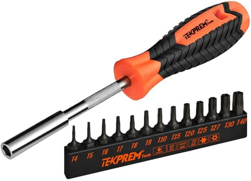 Torx Bit Set with 1/4 inch Magnetic Bit Driver,TEKPREM 12-Piece Security Torx Screwdriver Bit Set with 1 inch T5 T6 T7 T8 T9 T10 T15 T20 T25 T27 T30 T40 Tamper Resistant