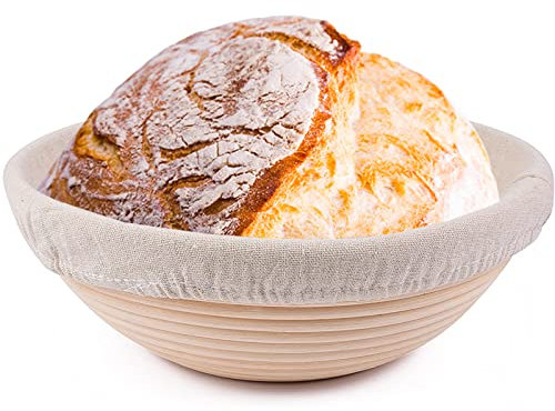 22,9 cm runder Brot-Banneton-Gärkörbchen mit Leineneinsatz zum Sauerteig-Gären, perfekte handgefertigte Rattan-Schüssel für die Herstellung von schönem Brot