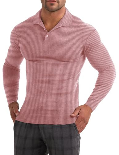 Muscle Cmdr Hommes Coupe Ajustée Muscle Polos Manches Longues Stretch Séchage Rapide t-Shirt décontracté Golf athlétique T-Shirts (Rose XL)