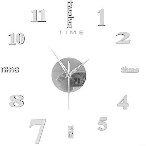 Set di adesivi per orologio da parete, 3D, con superficie a specchio, moderno, fai da te, ufficio, casa, negozio, arte decorativa, argento