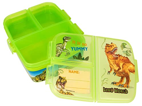 Depesche 12319 Dino World grün mit 4 Fächern und separaten Klappverschlüssen, Brotdose mit Dinosaurier-Motiv