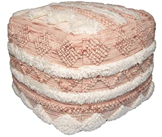 Qiyano Pouf rund im Boho-Stil aus weicher Neuseelandwolle mit Fransen und Quasten Naturmaterial handgefertigt Bohemian-Stil Ethno Hocker Wohnzimmer Schlafzimmer Garderobe Farbe: Rosa