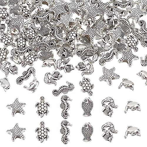 PandaHall 120 Stück Ozean Thema Tier Perlen, 6 Stil Fisch Meerjungfrau Delphin Perlen Tibetischen Stil Legierung Abstandsperlen für DIY Armband Halskette Schlüsselanhänger Schmuckherstellung