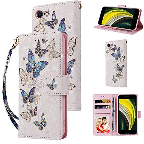 UEEBAI Wallet Case for iPhone SE 2022/7/8/SE 2020, PU Leather Phone Case Kickstand RFID Blocking Flip Card Slots Wrist Strap Engraved Magnetic Folio Case - Blue Butterfly