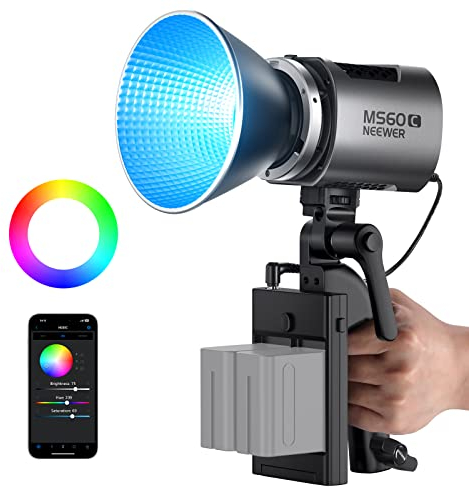 NEEWER MS60C RGBWW LED Videoleuchte Studiolicht 2,4G/APP Steuerung, 65W Ganzmetall Mini Kompakt RGB COB Studio Dauerlicht 2700K-6500K/8300lux@1m/CRI 97+/TLCI 98+/17 Effekte + RGBCW Bowens Halterung