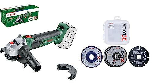 Bosch Akku-Kompakt-Winkelschleifer UniversalGrind 18V-75 (Ohne Akku;verschiedene Materialien; Ø 125mm;im Karton) + 5tlg. X-LOCK Trennscheiben Schleifscheiben Set (Edelstahl, Metall, Ø 125 mm, Zubehör)