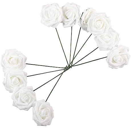 Firlar 10 PCS Fleurs de Roses Artificielles, Fausse Fleur de Rose Blanche en Mousse, Bouquets de Fleurs à Longue Tige pour Arrangement de Mariage, Décorations de Table à la Maison(#1)
