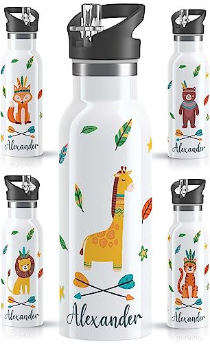 OWLBOOK® Edelstahl Trinkflasche Kinder personalisiert | Wasserflasche mit Strohhalm | 600 ml | Sportdeckel | Spülmaschinenfest | Schule Schulanfang Geschenke zur Einschulung Mädchen | Boho Giraffe