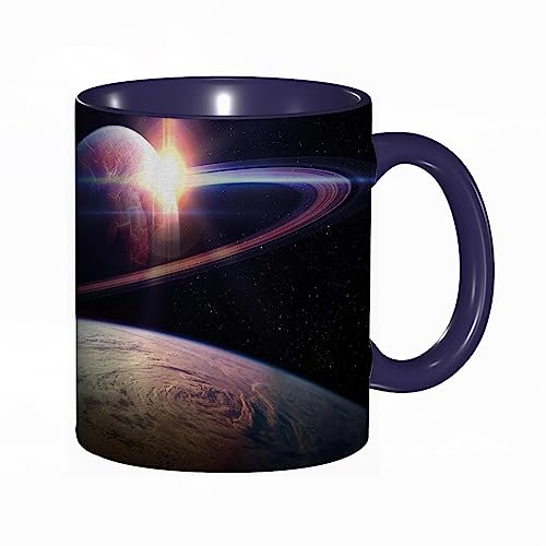 Taza divertida de cerámica de 14 onzas,Galaxy Sunset en el espacio ultraterrestre Universo Saturno V Imprimir,apta para lavavajillas, regalos de computadora,regalos geek para hombres, taza de ciencia