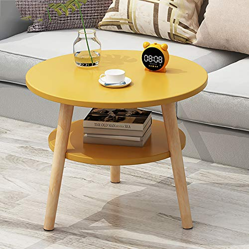 VVHUDA Einfacher Beistelltisch mit Regalen, 2-stufiger Abnehmbarer Tabletttisch, runder Couchtisch, Sofatisch, Nachttisch für Wohnzimmer, Schlafzimmer, Gelb, 60 x 60 cm (23,6 x 23,6 Zoll) small Gift