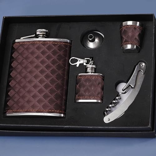 XFLYP Hip Flask 9OZ, Leather Gift Set With Stainless Steel Flagon, Wine Glass, Pipe, Bottle Opener - Waterproof Portable Pocket Whiskey Flask for Climbing, Camping, Groomsmen Gifts