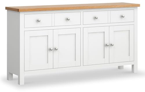 Farrow White Extra Large Sideboard Cabinet for Living Room | Roseland Furniture Fully Assembled Painted 4 Door Solid Wooden Storage Cupboard with Oak Top 2 Drawers for Hallway or Dining Room