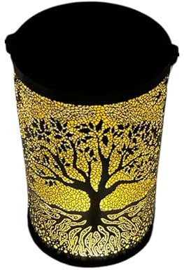 Photophore solaire en métal noir avec motif arbre de vie - Largeur : 12 cm - Hauteur : 20 cm - Durée d'éclairage : env. 7-8 heures