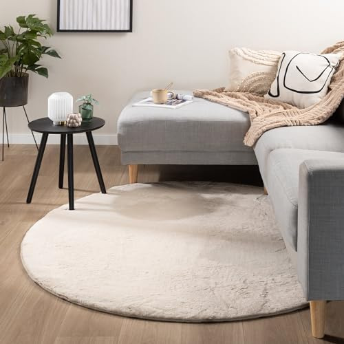 FRAAI | Home & Living Flauschiger Teppich Rund - Cozy Creme - Polyester - Kurzflor - Einfarbig - Waschbar in Waschmaschine - Modern - Wohnzimmer, Esszimmer, Kinderzimmer, Schlafzimmer