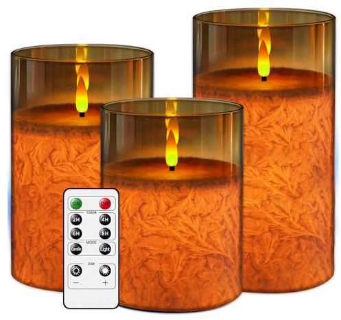 AnnSpa Gold Glas LED Kerzen 3 Set Batteriebetriebene mit Fernbedienung, Flammenlose Echtes Wachs Flackern Wick Flackern Yellow Light Pillar Candles Kreativ Deko Kerzen