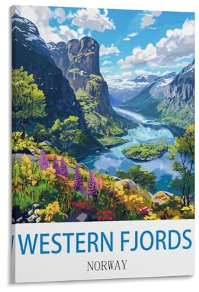 HXHNFERR Wandposter Western Fjords Norwegen, Vintage-Reiseposter, 40 x 60 cm, Leinwand, Wandposter und Kunstbilder, Drucke, Gemälde, Schlafzimmer-Dekoration