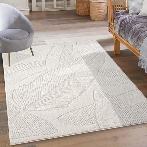 carpet city Kurzflor Teppich Creme - 200x290 cm - Wohnzimmer-Teppiche Hochtief-Muster, 3D-Effekt - Florales Muster - Flachflor Bodenbelag, Deko Schlafzimmer