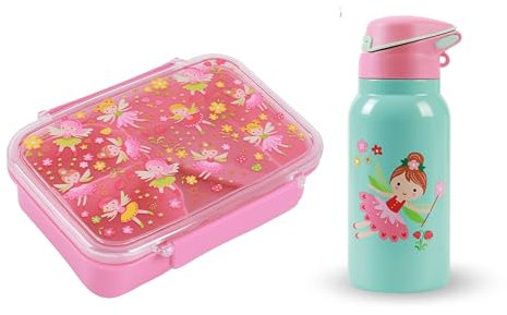 I-Drink - Kit Lunchbox + Borraccia Termica in Acciaio Inox 350ml - per Bambini - Porta Merenda - Picnic, Gite e Scuola - con Disegni di Infanzia (Fata Termico)