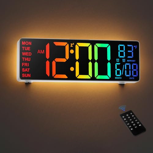 HAITANG Digitale Wanduhr - 10,5 Große Wanduhr Mit Temperaturanzeige, Datum Und Tag, RGB-Farb-Auto-Helligkeitsdimmer, Nachtlichter, 24/12-Stunden-Led Für Schreibtisch, Schlafzimmer