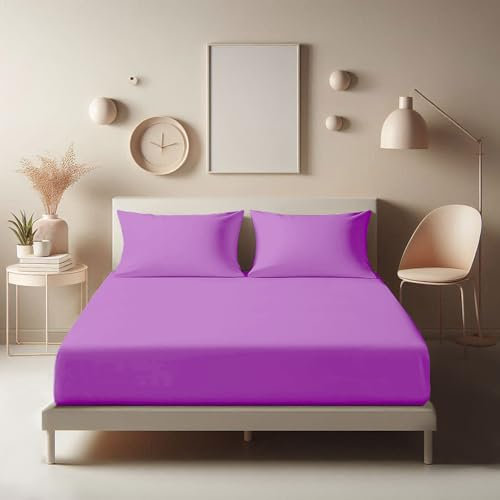 Aspire Homeware Double Fitted Sheet - 25 cm Deep Hotel Quality (Purple) Bed Sheets - Soft & Breathable Fitted Bed Sheets Double - Anti-Wrinkle Easy Care Fitted Sheets