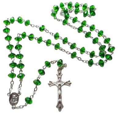 Green Stones Rosary Necklace With Beads Cross Pendant Jewelry Sweater Chain Accessory