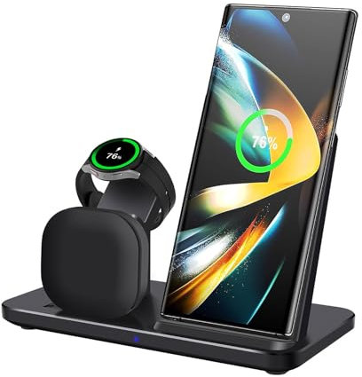 Induktive Ladestation für Samsung 3 in 1 Ladestation Kompatibel für Galaxy Watch 7/6/6 Classic/5/5 Pro/4/3/Active 2/1 Ladegerät für Samsung S25 Ultra S24 S23 S22 S21 Z Flip/Z Fold Galaxy Buds