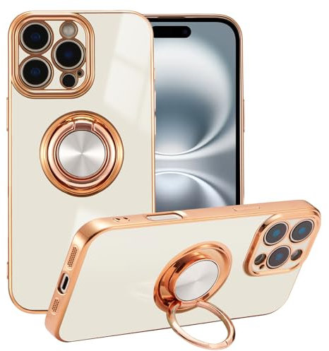 EYZUTAK Electroplated Magnetic Ring Holder Case for iPhone 16 Pro Max, 360 Degree Rotation Metal Anti-fall Finger Ring Kickstand Magnet Car Holder Slim Soft Silicone Shockproof Cover - White