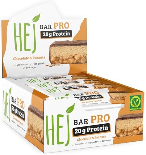 HEJ Bar Pro Proteinriegel Snack – Low Sugar Eiweißriegel | 20g Protein & 239kcal pro Riegel | Vegetarisch & ohne Palmöl – 12x60g Chocolate & Peanuts