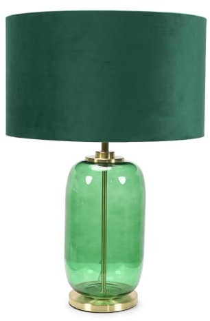 ValueLights | Forest Green Glass and Gold Detail Table Lamp with Velvet Drum Shade | Home Décor, Bedside & Desk Lamp | Includes Bulb