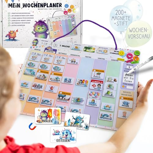 TOBJA Wochenplaner Kinder mit Belohnungssystem – Inkl. 200+ Magnete, Stift & Tasche – Routine Planer Kinder & Aufgabenplaner Kinder mit Stimmungsbarometer, Jahreszeiten & Wetter – Fördert Fürsorge