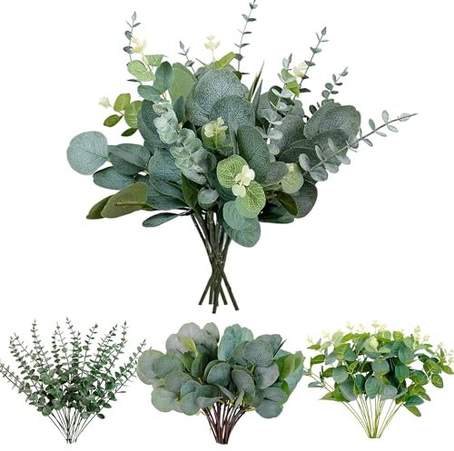 SHUOHONG 30 Stück Künstliche Eukalyptus Deko Pflanzen, Eukalyptus Pflanze, Eukalyptu Getrocknet, Trockenblumen Deko, Deko Pflanzen für Hochzeitsfeiern Party Home Tischdeko Blumenarrangement (A)