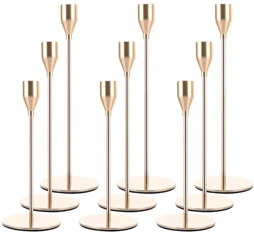 AHAQU Set of 9 Gold Candle Holders, Metal Candlestick Holders for Taper Candle, Tall Candle Stand Fits 3/4 inch Thick Candle for Wedding, Candlelight Dinner, Fireplaces, Banquet Decoration