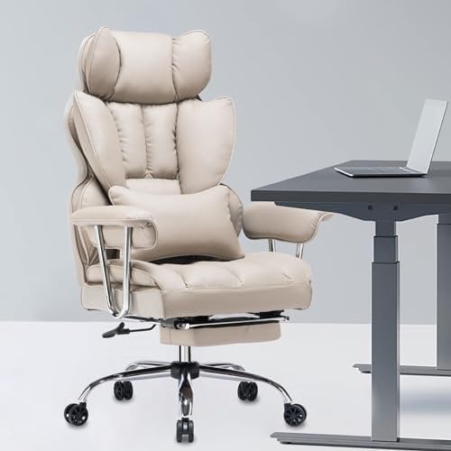 Efomao Desk Office Chair, Big and Tall PU Leather Ergonomic Office Chair, 200KG Adjustable High Back Computer Chair,Executive Swivel Chair with Footrest and Lumbar Support, Grey