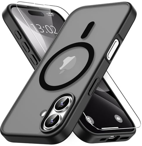 Vansdon Magnetisch für iPhone 16 Hülle-Schwarz | mit 1 Schutzglas, Kompatibel mit Magsafe, Fallschutz nach Militärstandard, Transluzente Matt Rückseite Stoßfeste Handyhülle
