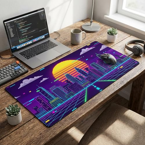 AQQA Tapis de souris de jeu XL – Tapis de souris de jeu rétro Synthwave Pixel Art, design cyberpunk néon ville coucher de soleil, grand tapis de souris étendu avec bords cousus, base en caoutchouc