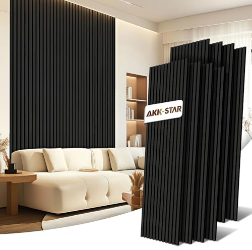 AKK-STAR Akustikpaneele Holz - 11,52 m² (8 Stück 240x60cm) | Schalldämmung, Akustikverbesserung für Studios, Büros, Heimkinos | Holz Wandpaneele & Wanddekoration (Mirage Schwarz 22#)
