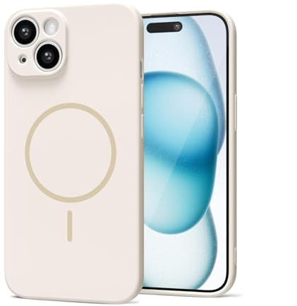 LoeoeL Magnetic Phone Case for iPhone 15 Plus/ 14 Plus Case Silicone, Cute Slim Thin Phone Cover Compatible with MagSafe for Women, Girly Soft Rubber Gel Mag Safecase with Camera Protection, Beige