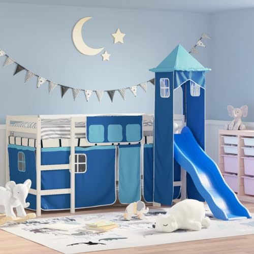 Bucmath Kinderhochbett mit Turm Blau, 80x200 cm, Massivholz Kiefer, mit Rutsche, Vorhängen, Spielturm, für Kinderzimmer, 80 kg Traglast