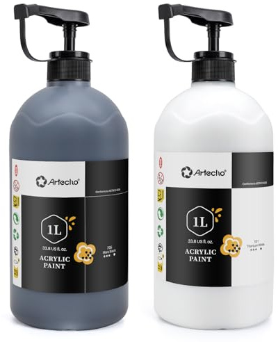 Artecho Acrylfarbe Schwarz/Weiß Set 1L(1000ml), wasserfeste Künstlerfarbe | Ergiebige 1L Flasche: hochpigmentiert, deckend, lichtecht & schnell trocknend. Ideal für Leinwand, Holz, Stein, Stoff